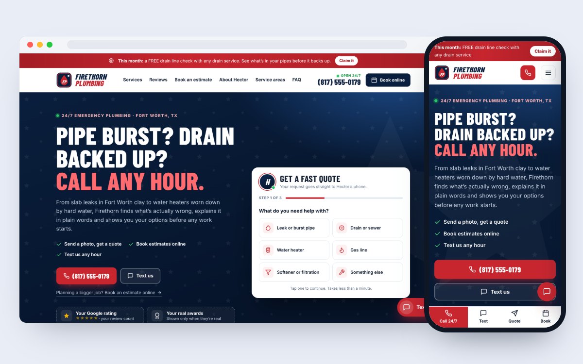 Sample website for Firethorn Plumbing, a made-up plumbing company, on a computer and a phone, with call, text, quote and online booking buttons