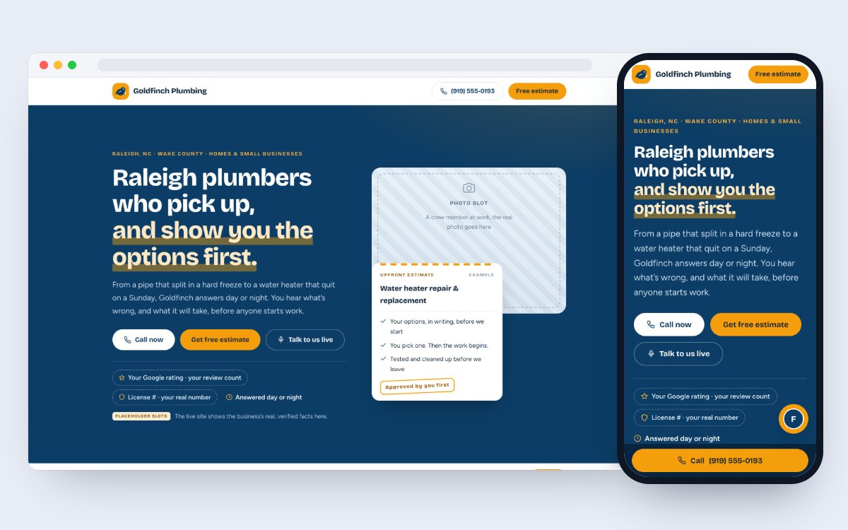 Sample website for Goldfinch Plumbing, a made-up plumbing company, on a computer and a phone, with call, estimate and website guide buttons
