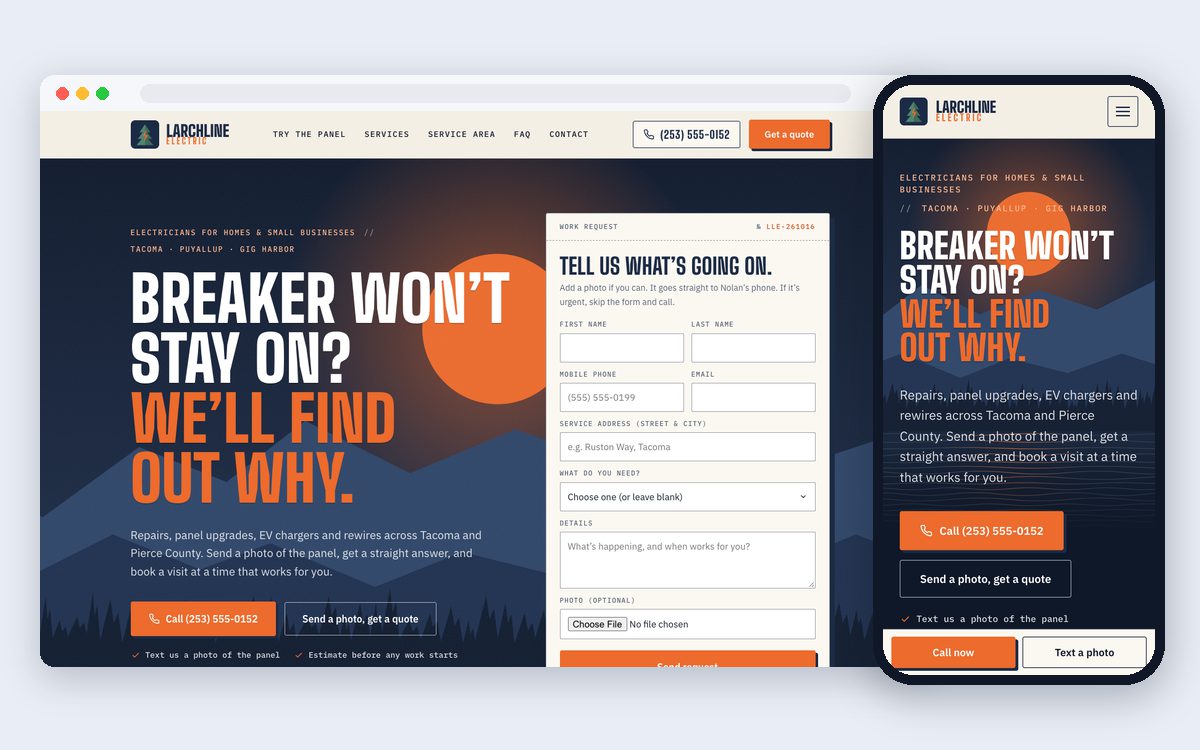 Sample website for Larchline Electric, a made-up electrical company, on a computer and a phone, with a work request form, call and text buttons
